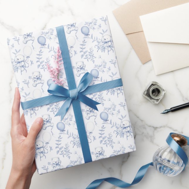 Papel De Presente Ursa de pelúcia Toile e floral azul baby shower (Presentear)