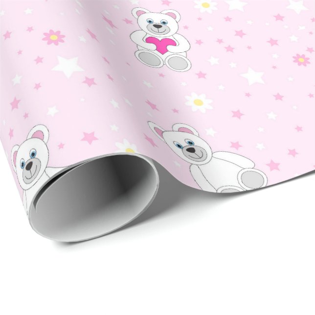 Papel De Presente Ursa Teddy Branca Bonito Padrão Churrasco de Bebê  (Ponta do rolo)