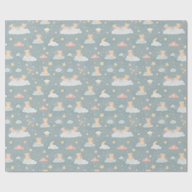 Papel De Presente Ursa Teddy Caprichosa em Nuvens Noite (Aberto)
