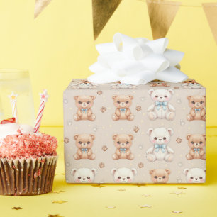 Papel De Presente Ursa Teddy Fofa e Laços Azuis Padrão Sem Costura