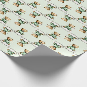 Papel De Presente Ursa Teddy Fofa em PJs Verdes na Nuvem