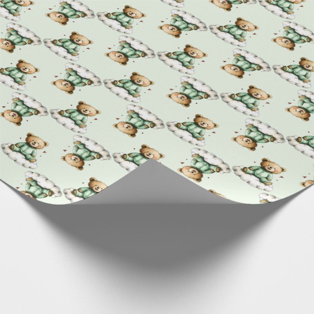 Papel De Presente Ursa Teddy Fofa em PJs Verdes na Nuvem (Ponta)
