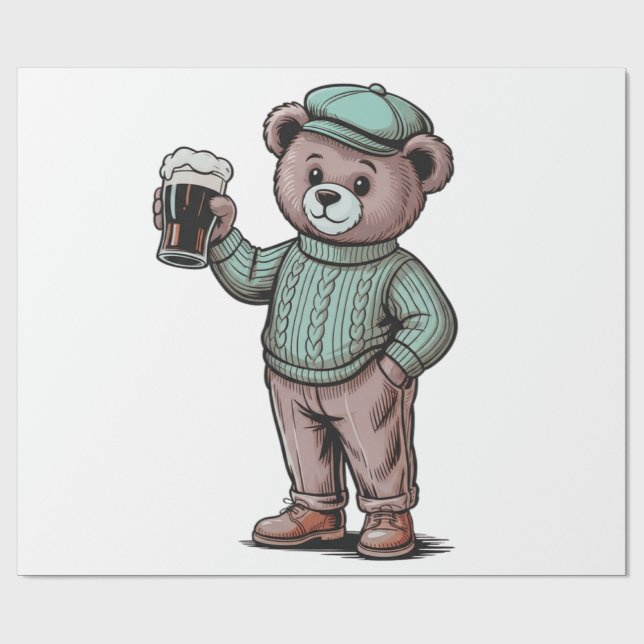 Papel De Presente Ursa Teddy Fofa Segurando Cerveja (Aberto)
