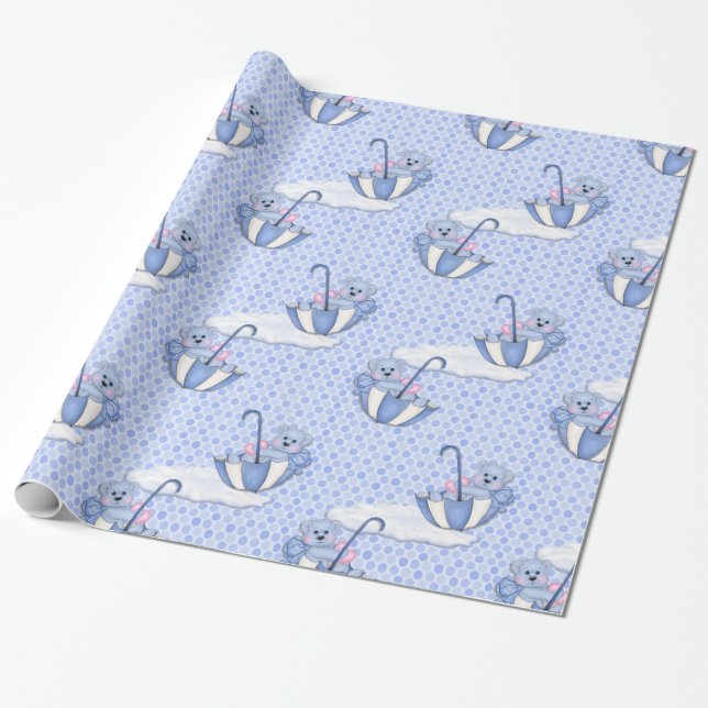 Papel De Presente Ursinho com guarda-chuva azul (Desenrolado)