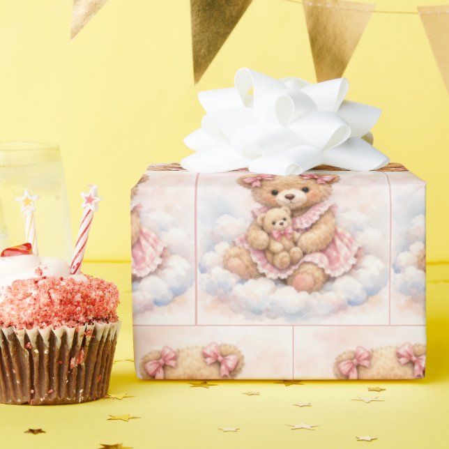 Papel De Presente Ursinho de pelúcia menina sentada em uma nuvem (Festa de aniversário)