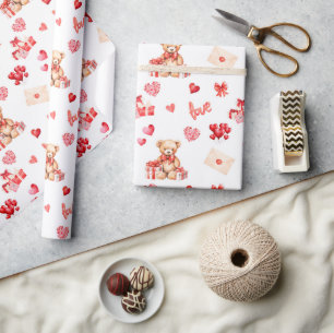 Papel De Presente Ursinho Namorados bonito com corações vermelhos