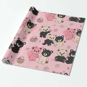 Papel De Presente Ursinhos com Corações e Rosa - Dia dos Namorados (