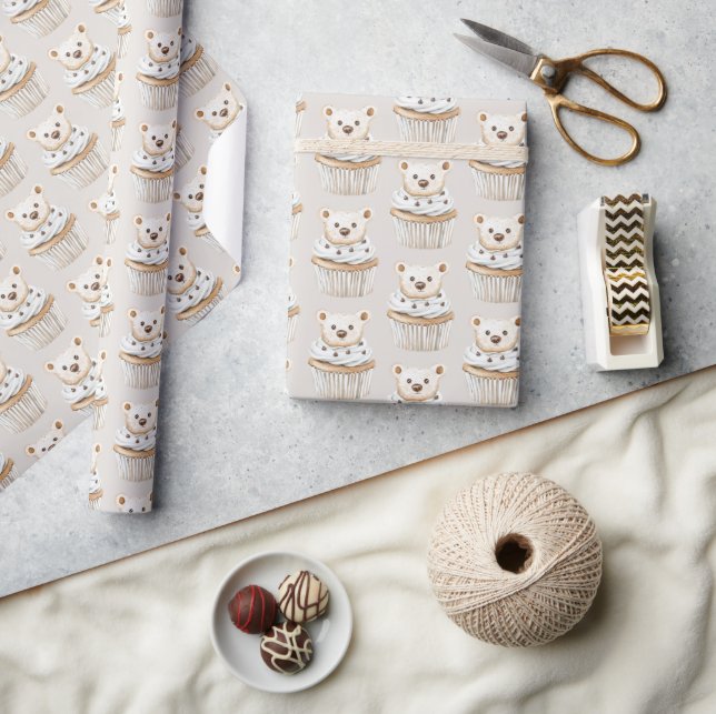 Papel De Presente Ursinhos de Aniversário com Cupcake de Creme (Artesanato)