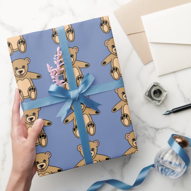 Papel De Presente Ursinhos de Pelúcia Marrons Fofo Azul (Presentear)