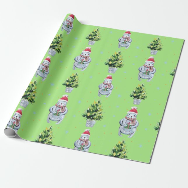 Papel De Presente Urso Branco Segurando um Presente e Árvore Verde (Desenrolado)
