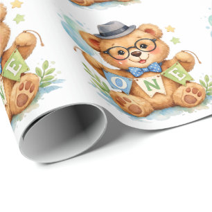 Papel De Presente Urso de Aguarela com Faixa de ANIVERSÁRIO