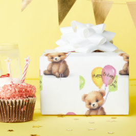 Papel De Presente Urso de Aniversário com Buquê de Balão