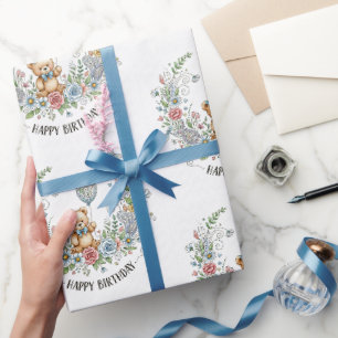 Papel De Presente urso de aniversário floral boho