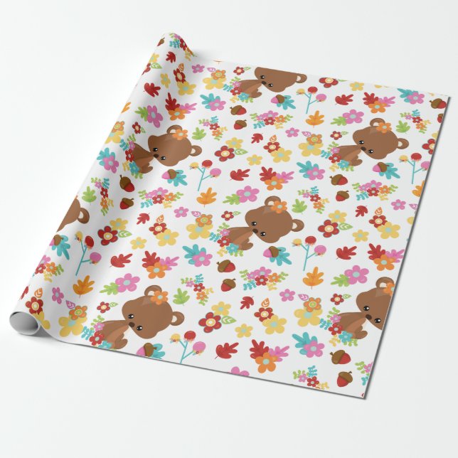 Papel De Presente Urso de Madeira Bonito e Flores Chá de fraldas (Desenrolado)