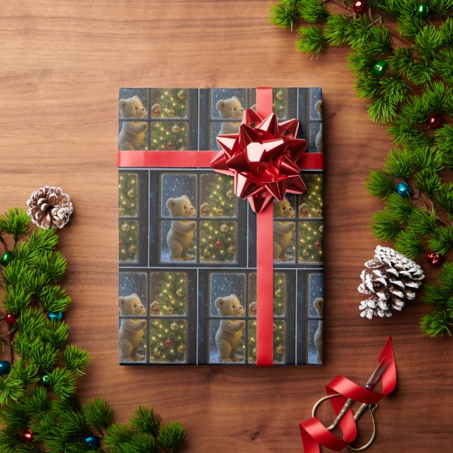 Papel De Presente Urso de Natal decorando uma árvore (Presente de Natal)