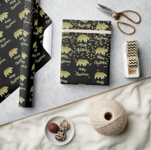 Papel De Presente Urso de Natal Dourado e Preto