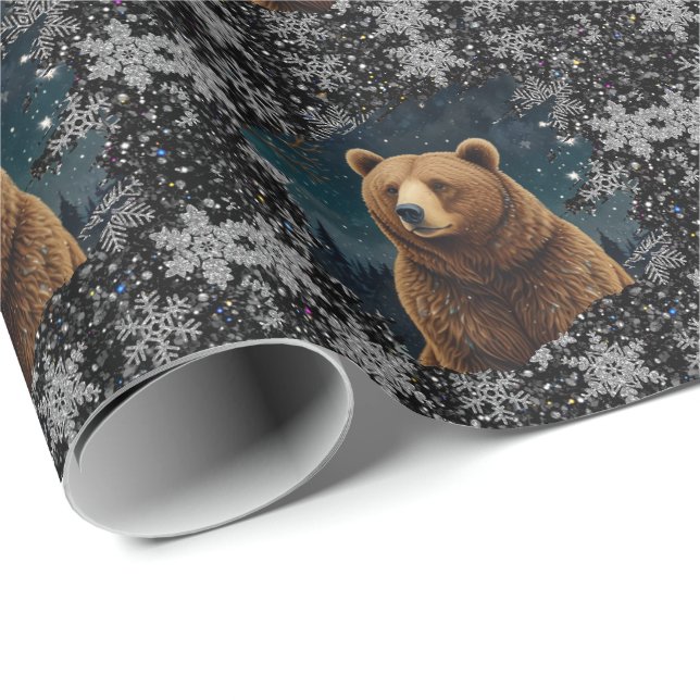 Papel De Presente Urso de Natal retrógrado paisagem nevada (Ponta do rolo)
