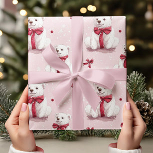 Papel De Presente Urso de Natal Rosa Vintage com Arco Vermelho