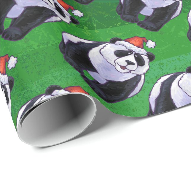 Papel De Presente Urso de panda no chapéu do papai noel no verde (Ponta do rolo)