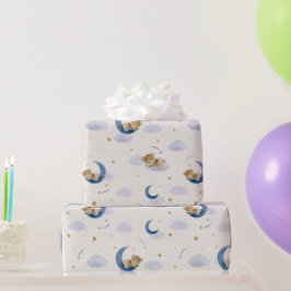 Papel De Presente Urso de pelúcia azul sonolento lua meninos pêssego