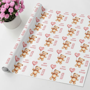 Papel De Presente Urso de Pelúcia Balão Rosa Fofo Aniversário Feliz 