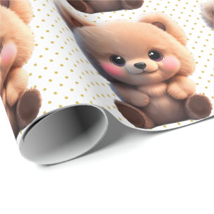Papel De Presente Urso de pelúcia bonitão Pontos de ouro Polka