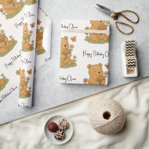 Papel De Presente Urso de Pelúcia com Flores Personalizado - Anivers