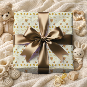 Papel De Presente Urso de Pelúcia Com Texto Dourado Creme Chade de B