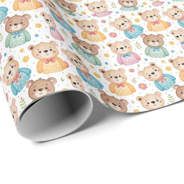 Papel De Presente Urso de pelúcia e flores (Ponta do rolo)