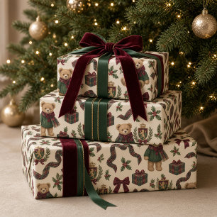 Papel De Presente Urso de pelúcia em xadrez burgundy laço Natal Prép