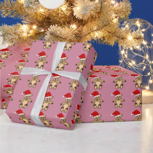 Papel De Presente Urso de Pelúcia Fofo com Chapéu de Papai Noel Rosa