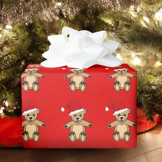 Papel De Presente Urso de Pelúcia Fofo com Chapéu de Papai Noel Verm (Criador carregado)