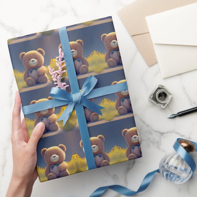 Papel De Presente Urso de pelúcia num campo, crianças bonitas em qua (Presentear)