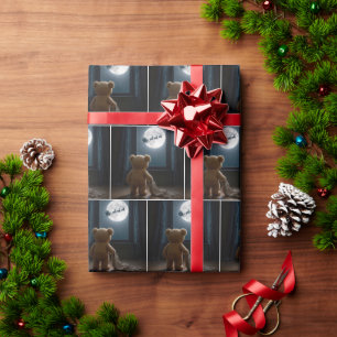 Papel De Presente Urso de pelúcia observando o Papai Noel e as renas