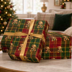 Papel De Presente Urso de Pelúcia Vintage Xadrez Tártan Natal