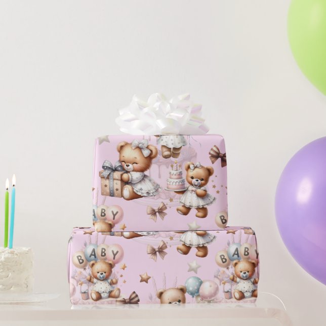 Papel De Presente Urso de Teddy Bonito com Balões e Presentes (Presentes para festas)