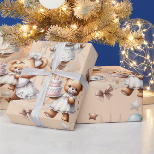 Papel De Presente Urso de Teddy Bonito com Balões e Presentes