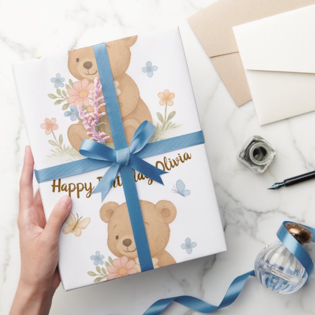 Papel De Presente Urso de Teddy com Flores - Presente de Aniversário (Presentear)