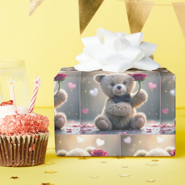 Papel De Presente Urso De Teddy Com Rosa vermelha (Festa de aniversário)