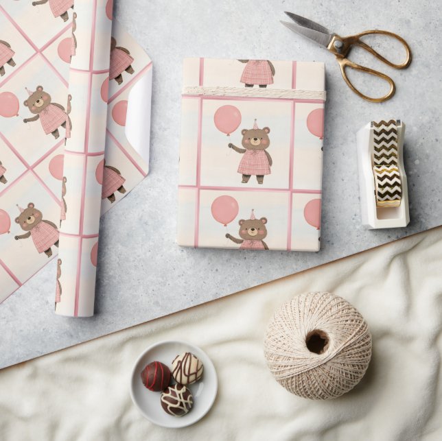 Papel De Presente Urso de vestimenta rosa com Xadrez e Arco (Artesanato)