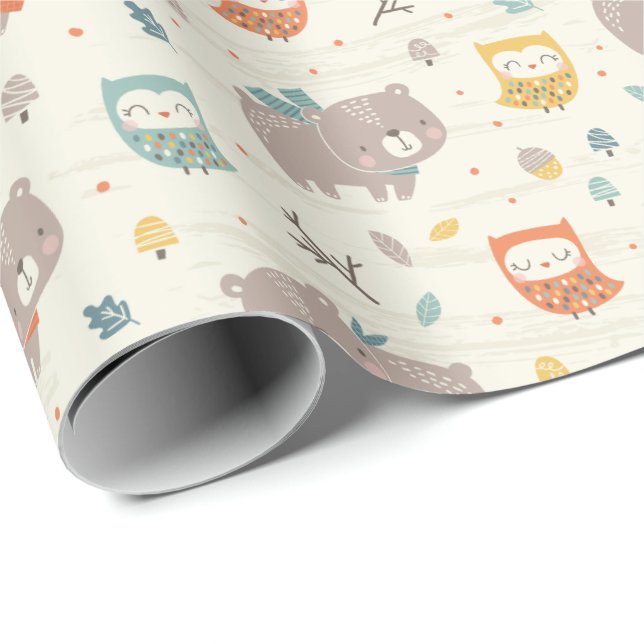 Papel De Presente Urso e Coruja de Queda em Creme (Ponta do rolo)