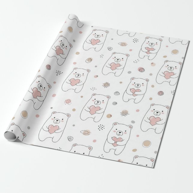 Papel De Presente Urso Fofo e Corações -- Berçário Pastel (1) (Desenrolado)