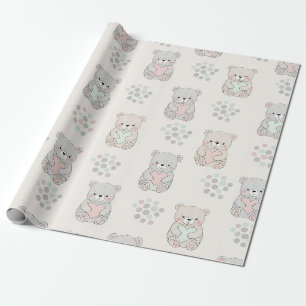 Papel De Presente Urso Fofo e Corações -- Berçário Pastel (8)