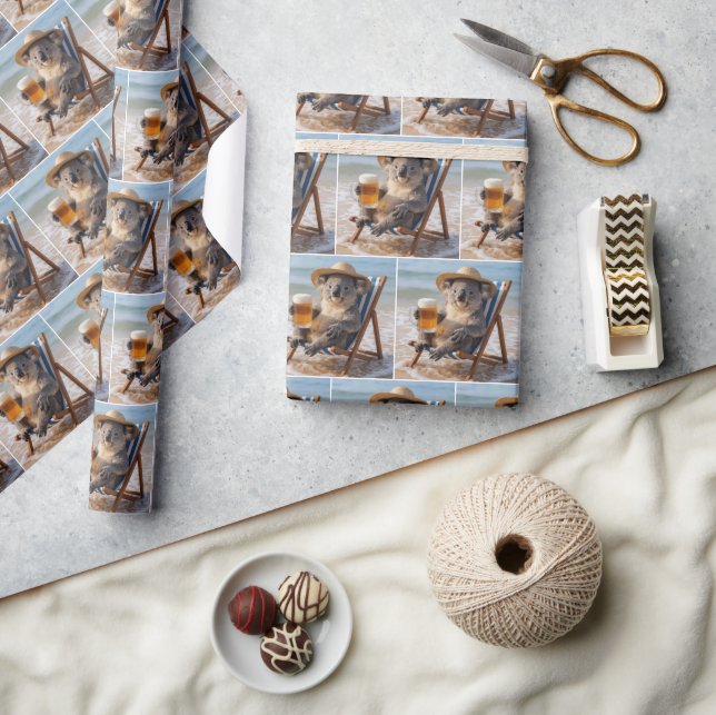 Papel De Presente Urso Koala Com uma Cerveja na Praia (Artesanato)