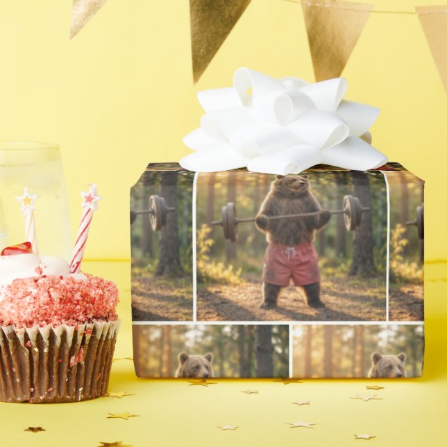 Papel De Presente Urso Levantando Pesos Em uma Floresta Ensolarada (Festa de aniversário)