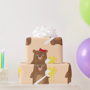Papel De Presente Urso Mel Adorável com Colher E Arco Vermelho
