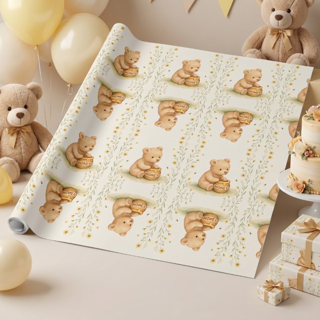 Papel De Presente Urso Mel Floral Bebê Aniversário (Criador carregado)