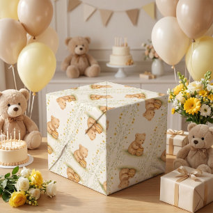 Papel De Presente Urso Mel Floral Bebê Aniversário
