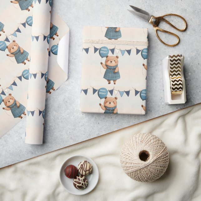 Papel De Presente Urso Menino com Vestido de Xadrez Azul e Balão (Artesanato)