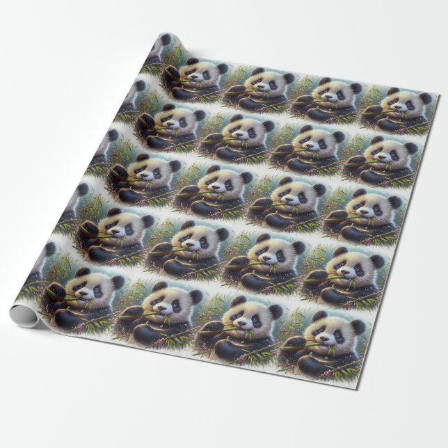 Papel De Presente Urso Panda Adorável Comendo Bambu (Desenrolado)